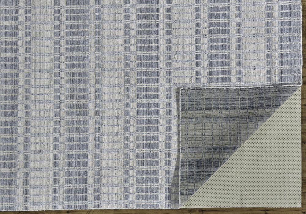 7' X 9' Ivory And Blue Striped Hand Woven Area Rug