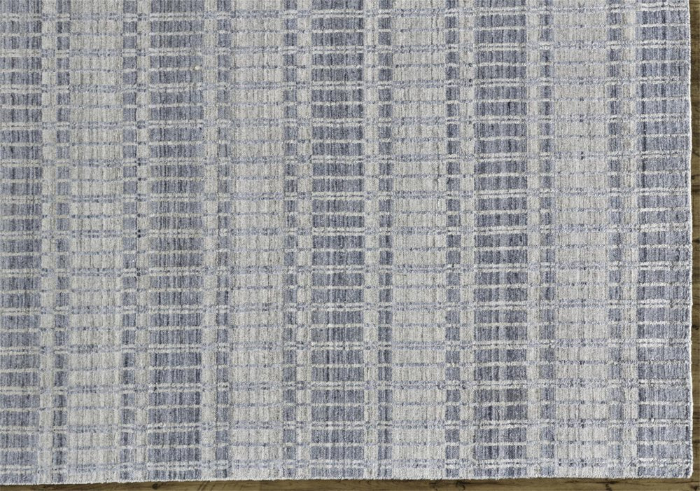 7' X 9' Ivory And Blue Striped Hand Woven Area Rug