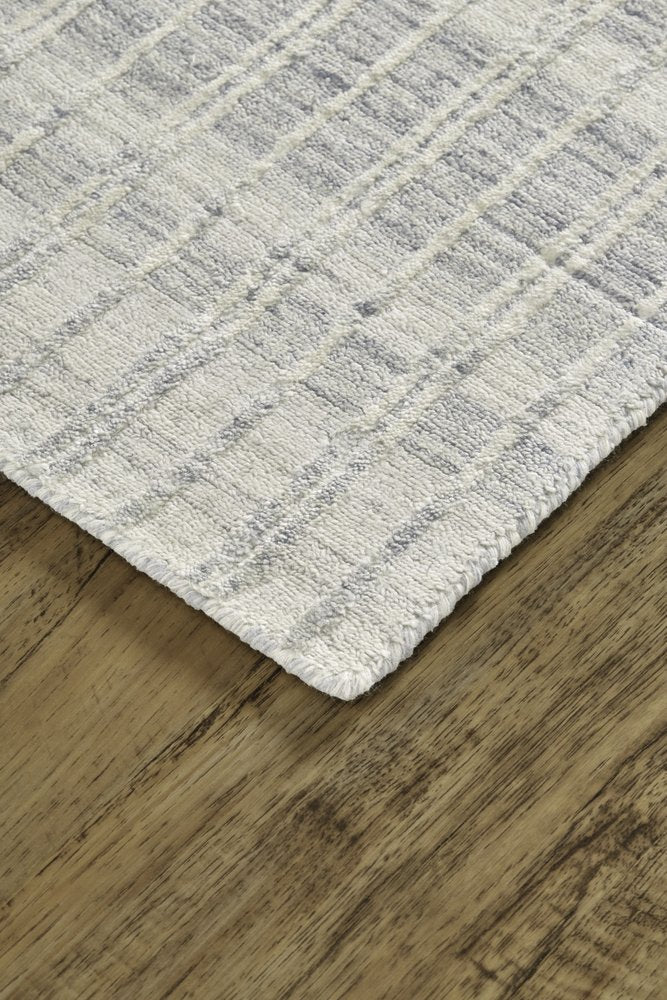 7' X 9' Ivory And Blue Striped Hand Woven Area Rug