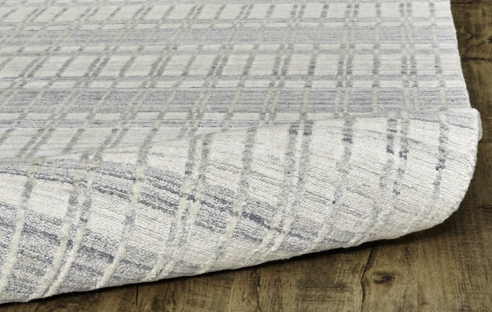 7' X 9' Ivory And Blue Striped Hand Woven Area Rug