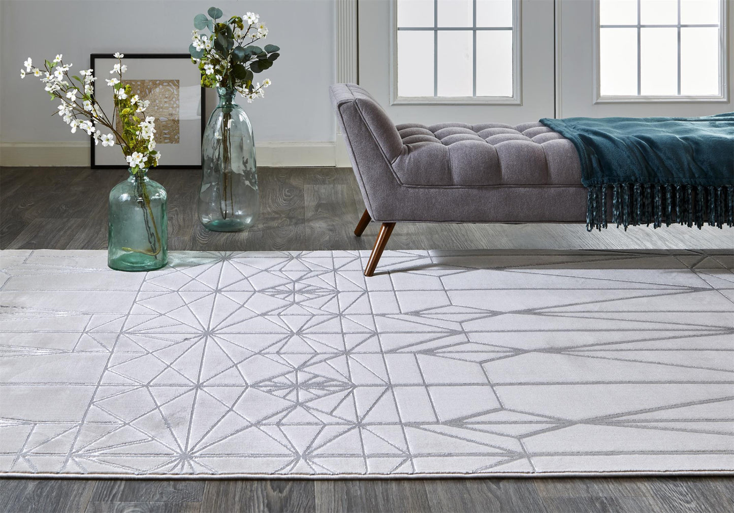 8' White Silver And Gray Geometric Stain Resistant Runner Rug