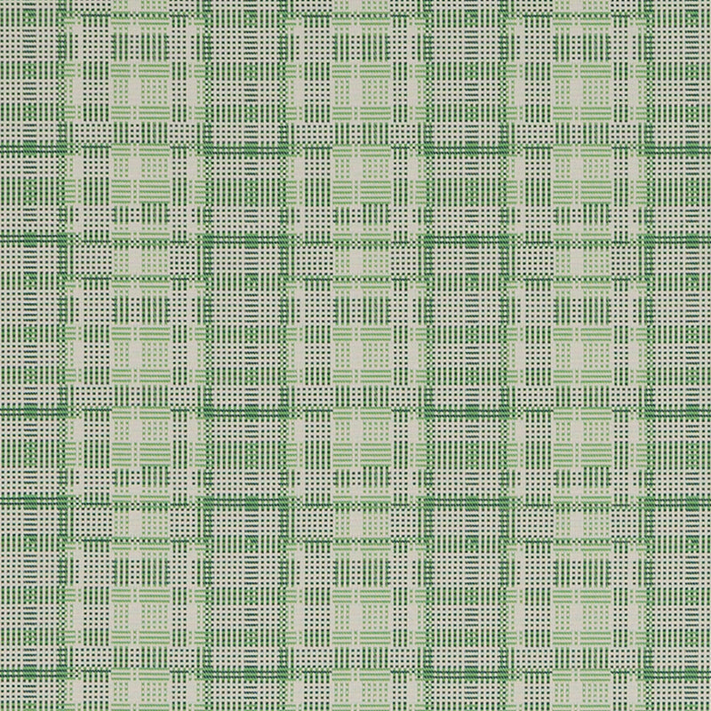 Green plaid woven fabric with cream checks and a textured grid pattern.