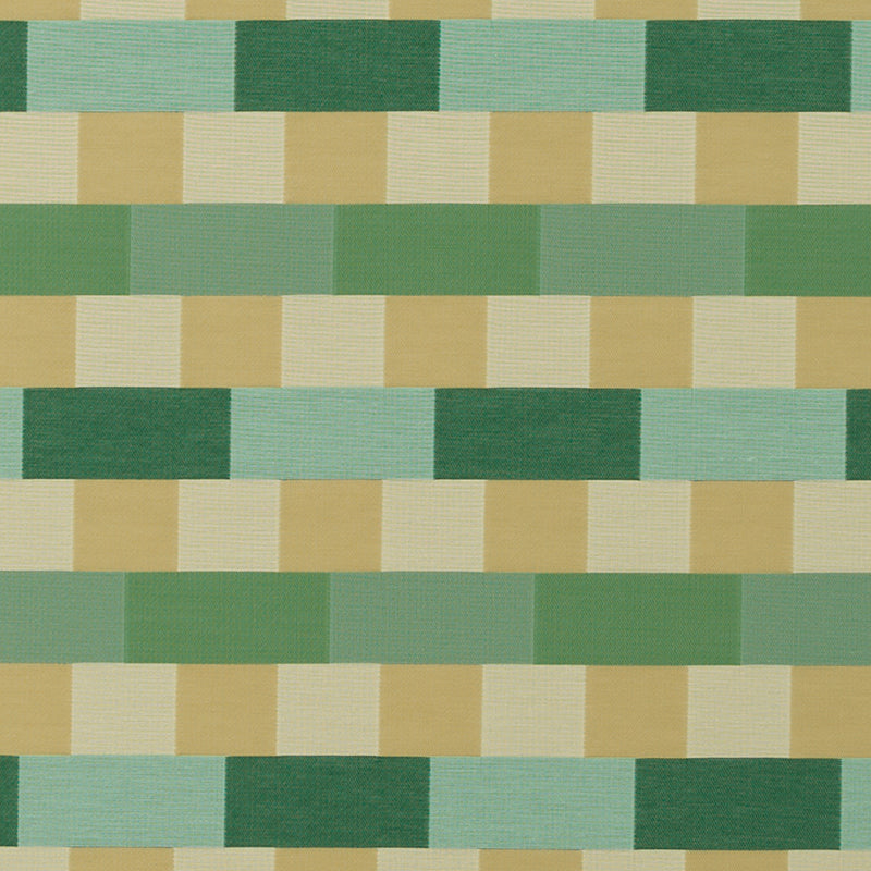 Woven fabric with rows of green, teal, and beige rectangular blocks in a geometric mid-century stripe pattern.