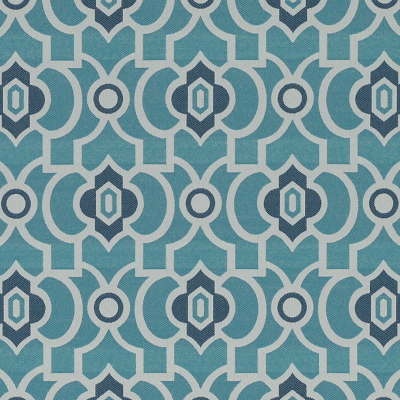 Teal upholstery fabric with white lattice & navy trellis motif; geometric, repeating pattern.