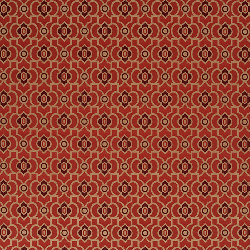Red fabric with intricate gold geometric floral pattern, repeating circular motifs in Art Deco style.