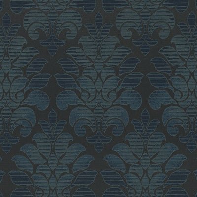 Dark charcoal background with blue damask floral motif; ornamental pattern for upholstery fabric.