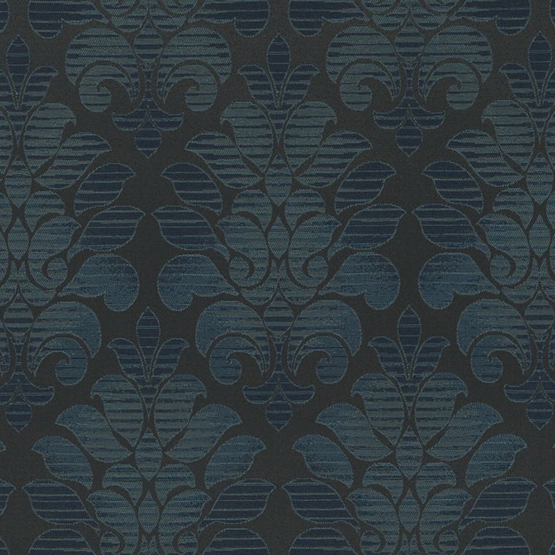 Dark charcoal fabric with blue damask floral scroll pattern; elegant ornamental textile design.