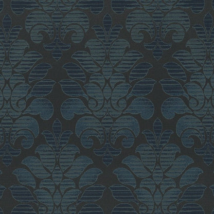 Dark charcoal fabric with blue damask floral scroll pattern; elegant ornamental textile design.