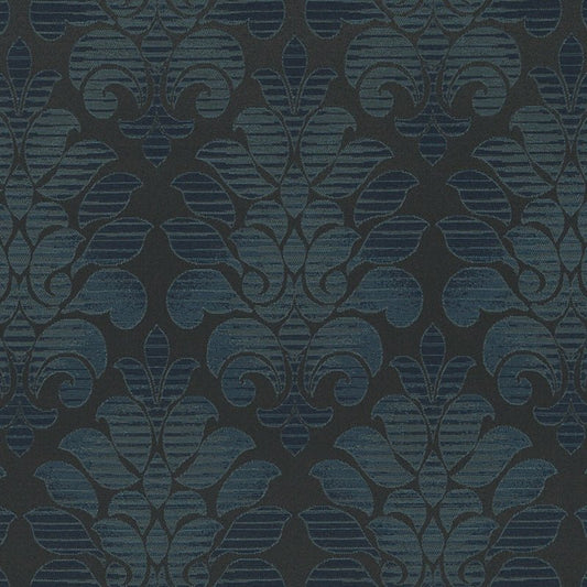 Dark charcoal fabric with blue damask floral scroll pattern; elegant ornamental textile design.