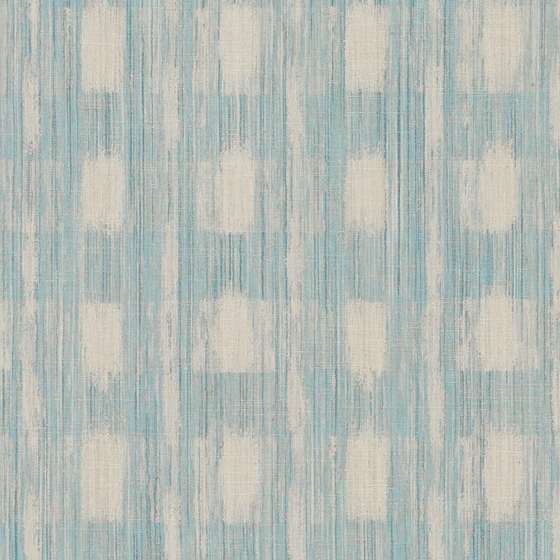 Light blue and white woven fabric with vertical stripes and pale rounded blocks; versatile textile.