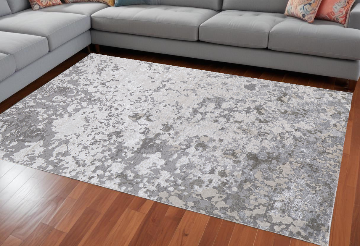 5' X 8' Silver Gray And White Abstract Stain Resistant Area Rug