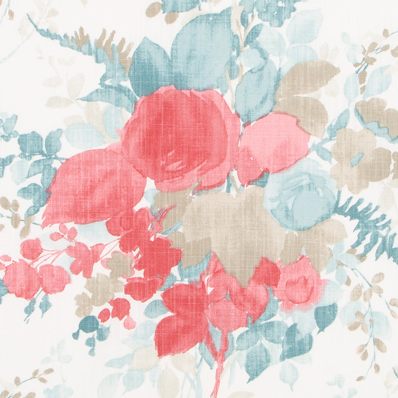 Floral fabric print with large coral pink roses, teal-blue and beige leaves on white backdrop.
