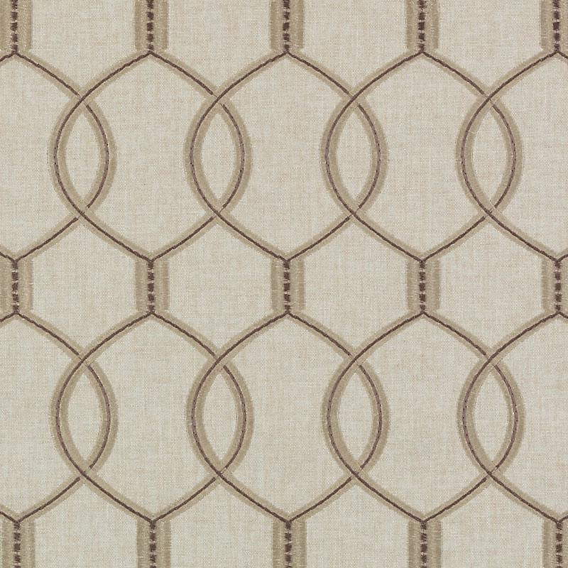 Beige linen-like drapery fabric with taupe interlocking curved lattice pattern.