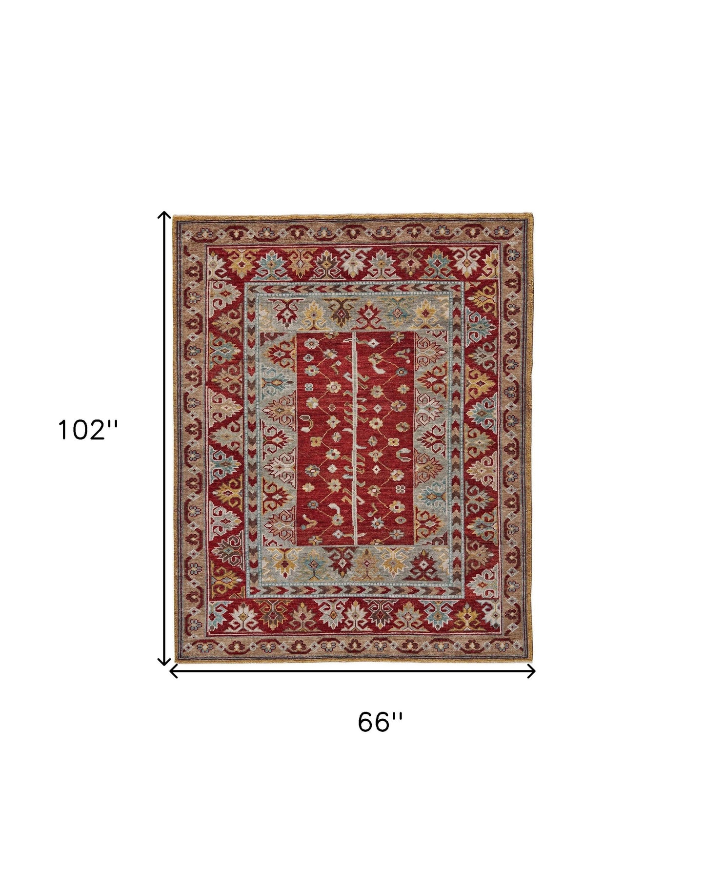 5' X 8' Red Blue And Brown Wool Floral Hand Knotted Distressed Stain Resistant Area Rug With Fringe