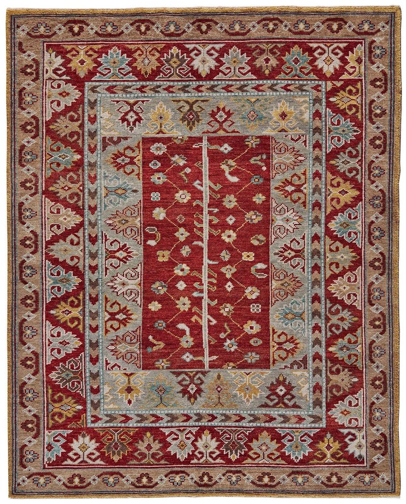 2' X 3' Red Blue And Brown Wool Floral Hand Knotted Distressed Stain Resistant Area Rug With Fringe