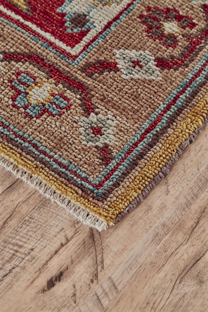 2' X 3' Red Blue And Brown Wool Floral Hand Knotted Distressed Stain Resistant Area Rug With Fringe