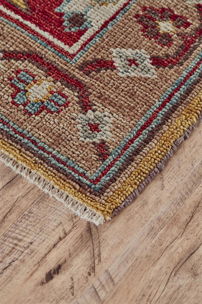 2' X 3' Red Blue And Brown Wool Floral Hand Knotted Distressed Stain Resistant Area Rug With Fringe