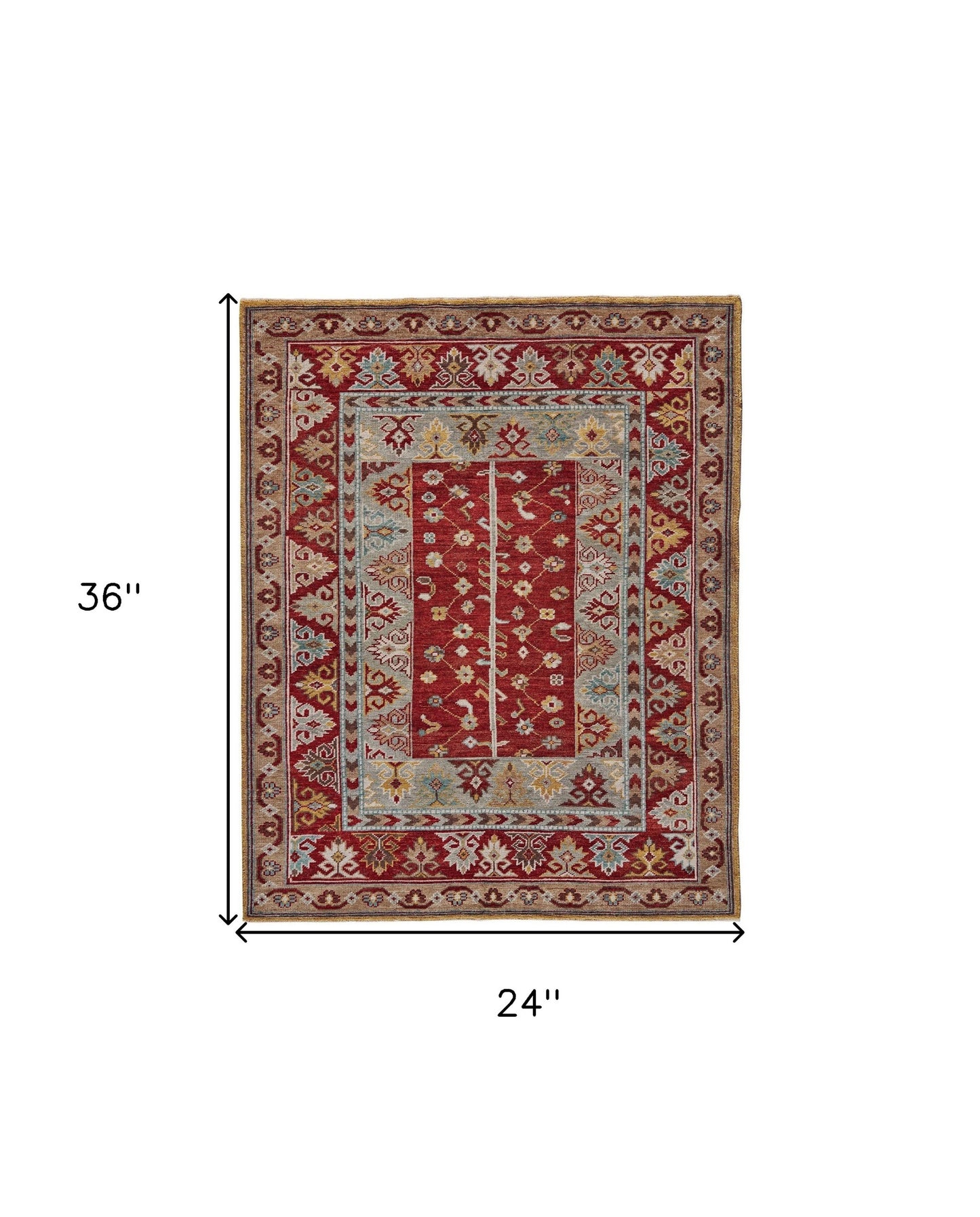 5' X 8' Red Blue And Brown Wool Floral Hand Knotted Distressed Stain Resistant Area Rug With Fringe