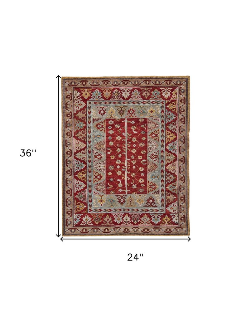 2' X 3' Red Blue And Brown Wool Floral Hand Knotted Distressed Stain Resistant Area Rug With Fringe