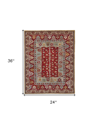 2' X 3' Red Blue And Brown Wool Floral Hand Knotted Distressed Stain Resistant Area Rug With Fringe