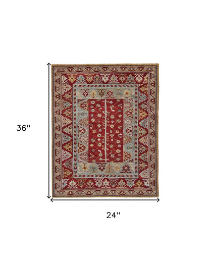 2' X 3' Red Blue And Brown Wool Floral Hand Knotted Distressed Stain Resistant Area Rug With Fringe