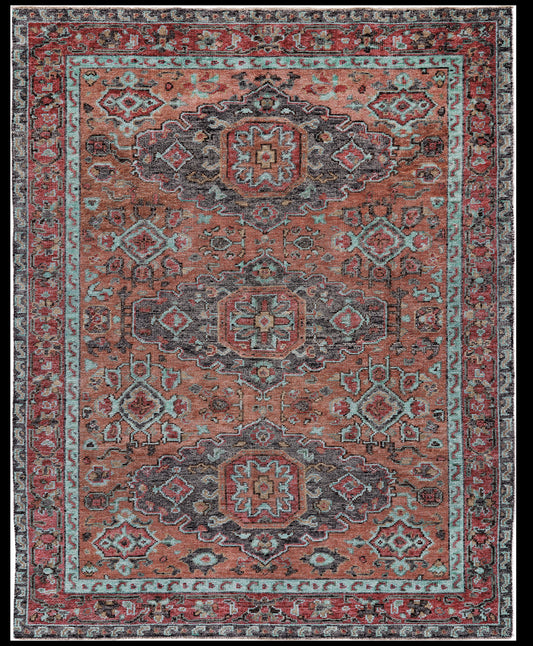 4' X 6' Red Orange And Blue Wool Floral Hand Knotted Distressed Stain Resistant Area Rug With Fringe