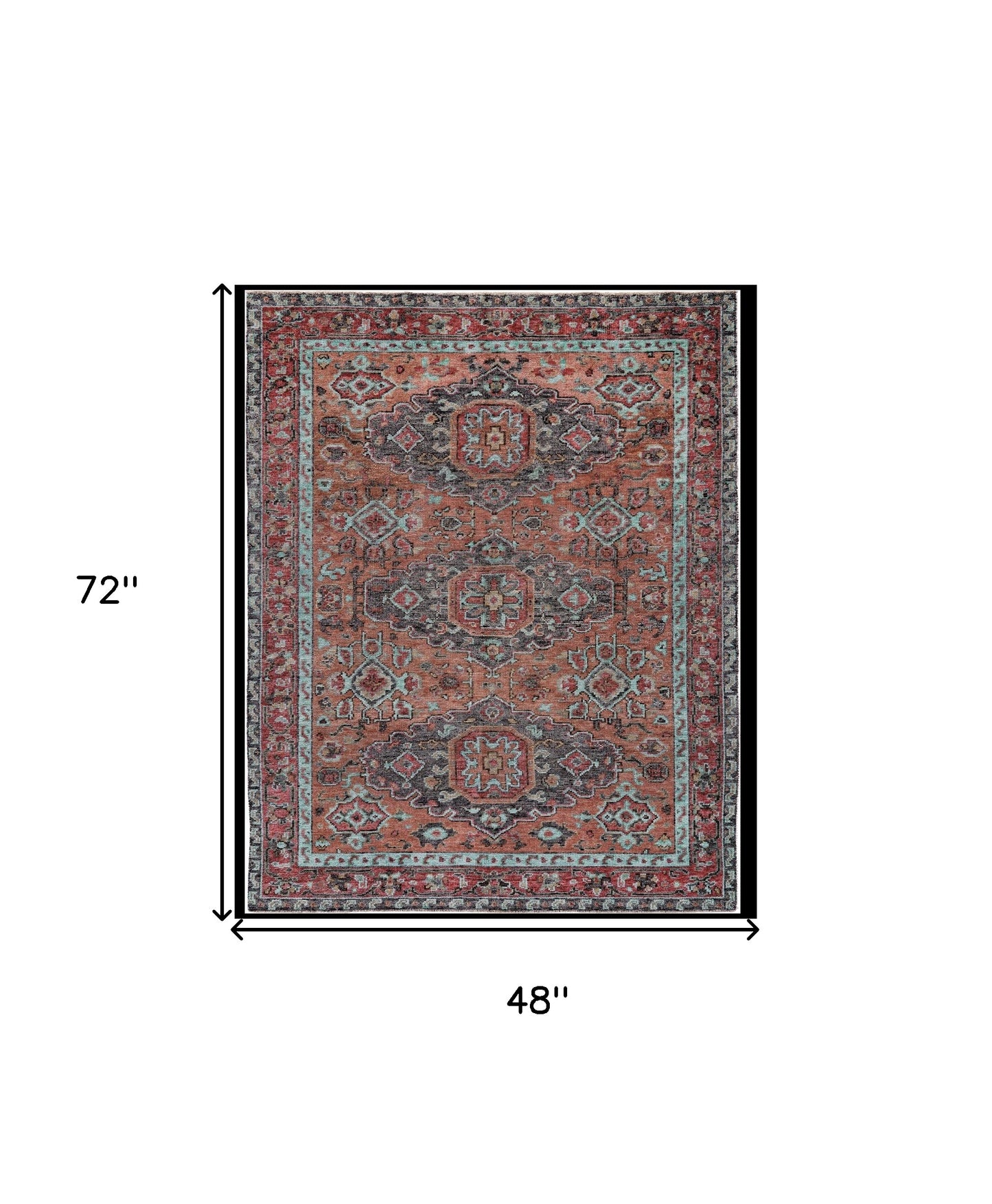 4' X 6' Red Orange And Blue Wool Floral Hand Knotted Distressed Stain Resistant Area Rug With Fringe