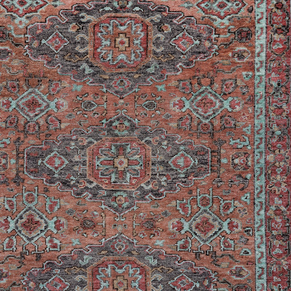 4' X 6' Red Orange And Blue Wool Floral Hand Knotted Distressed Stain Resistant Area Rug With Fringe