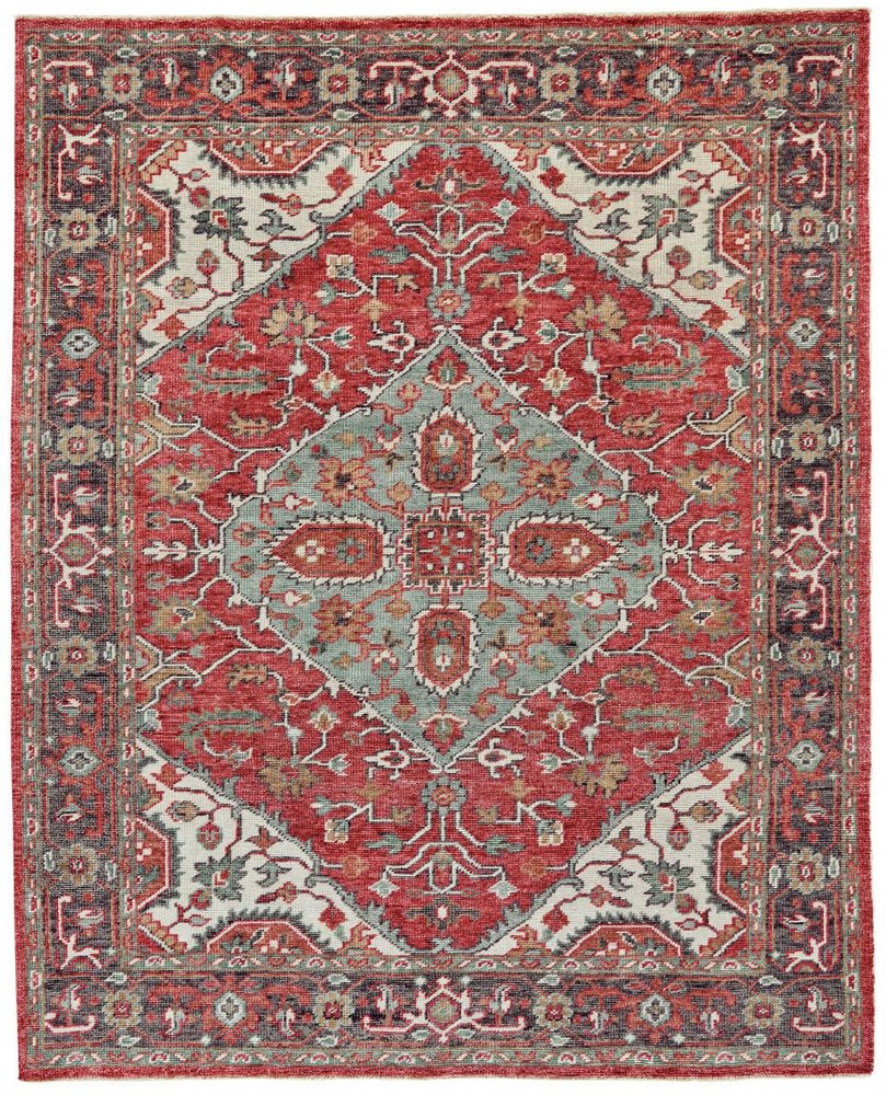 2' X 3' Red Gray And Ivory Wool Floral Hand Knotted Distressed Stain Resistant Area Rug With Fringe