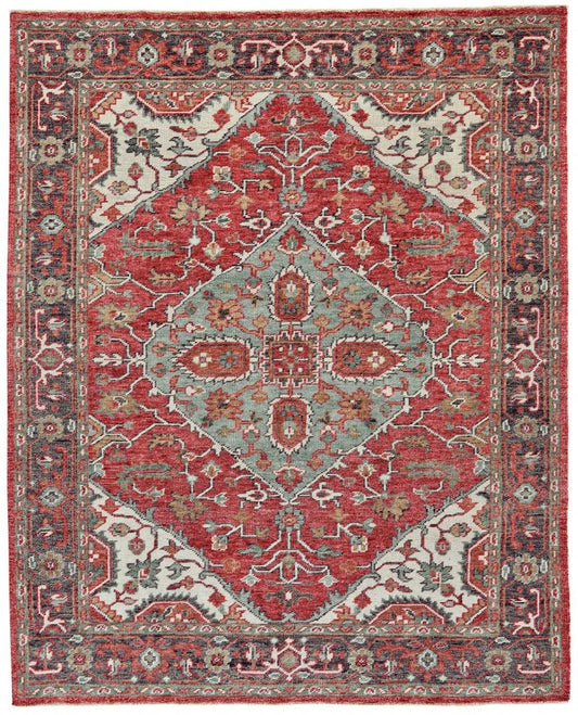 2' X 3' Red Gray And Ivory Wool Floral Hand Knotted Distressed Stain Resistant Area Rug With Fringe