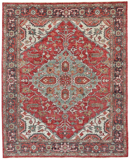 2' X 3' Red Gray And Ivory Wool Floral Hand Knotted Distressed Stain Resistant Area Rug With Fringe