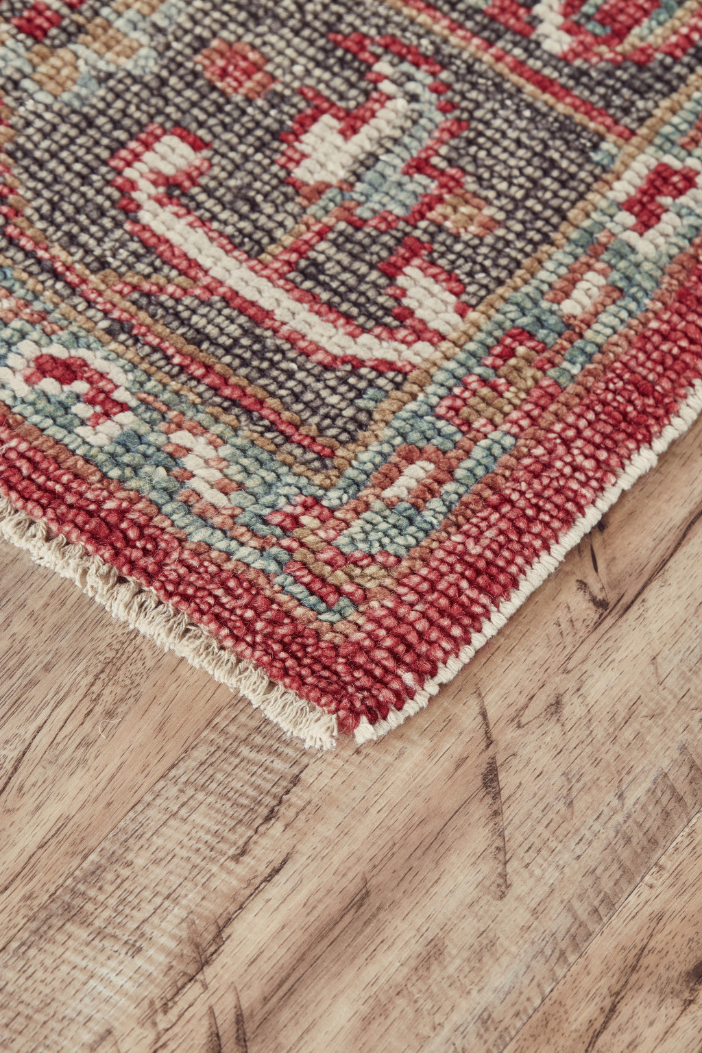 5' X 8' Red Gray And Ivory Wool Floral Hand Knotted Distressed Stain Resistant Area Rug With Fringe