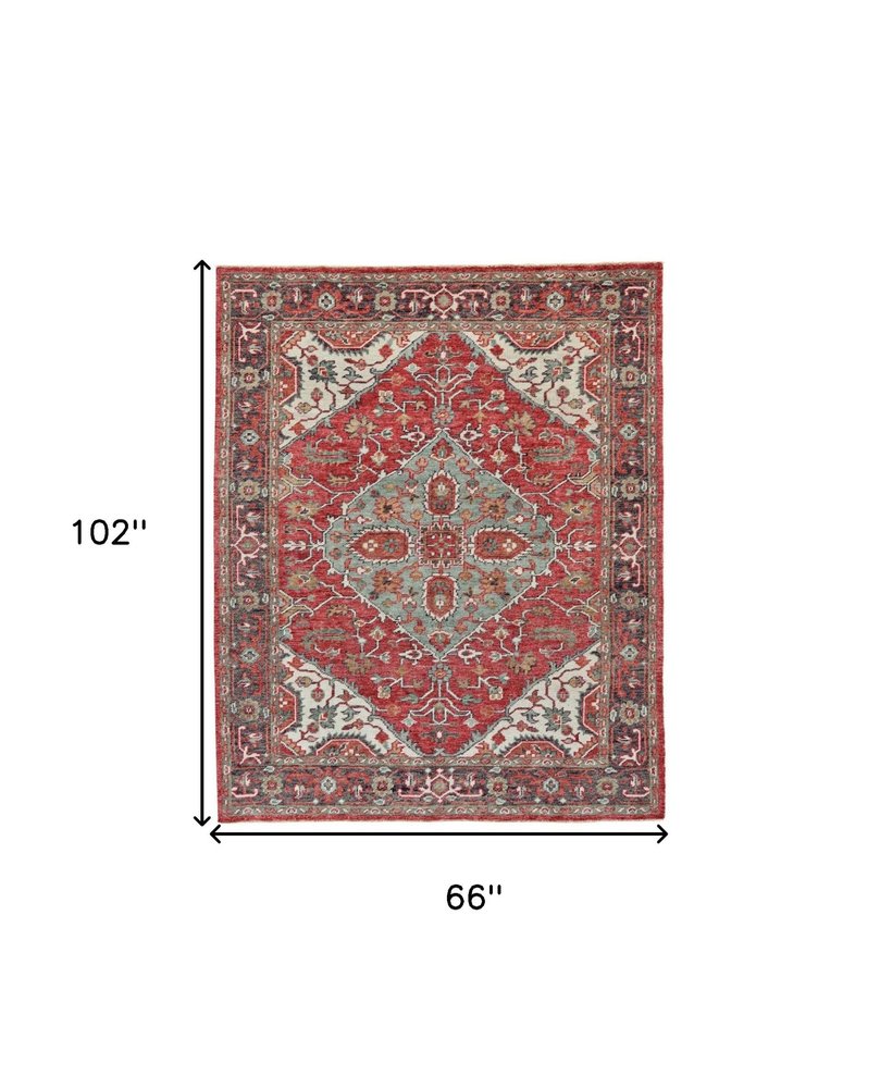 2' X 3' Red Gray And Ivory Wool Floral Hand Knotted Distressed Stain Resistant Area Rug With Fringe