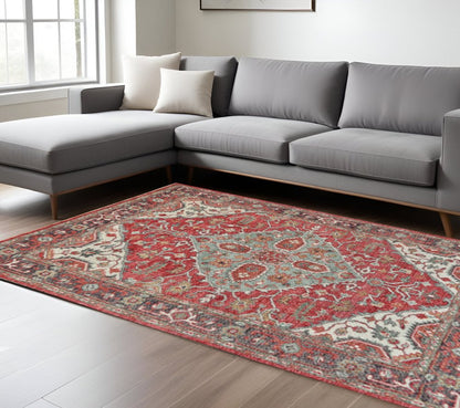 5' X 8' Red Gray And Ivory Wool Floral Hand Knotted Distressed Stain Resistant Area Rug With Fringe