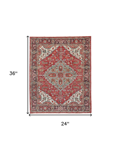5' X 8' Red Gray And Ivory Wool Floral Hand Knotted Distressed Stain Resistant Area Rug With Fringe