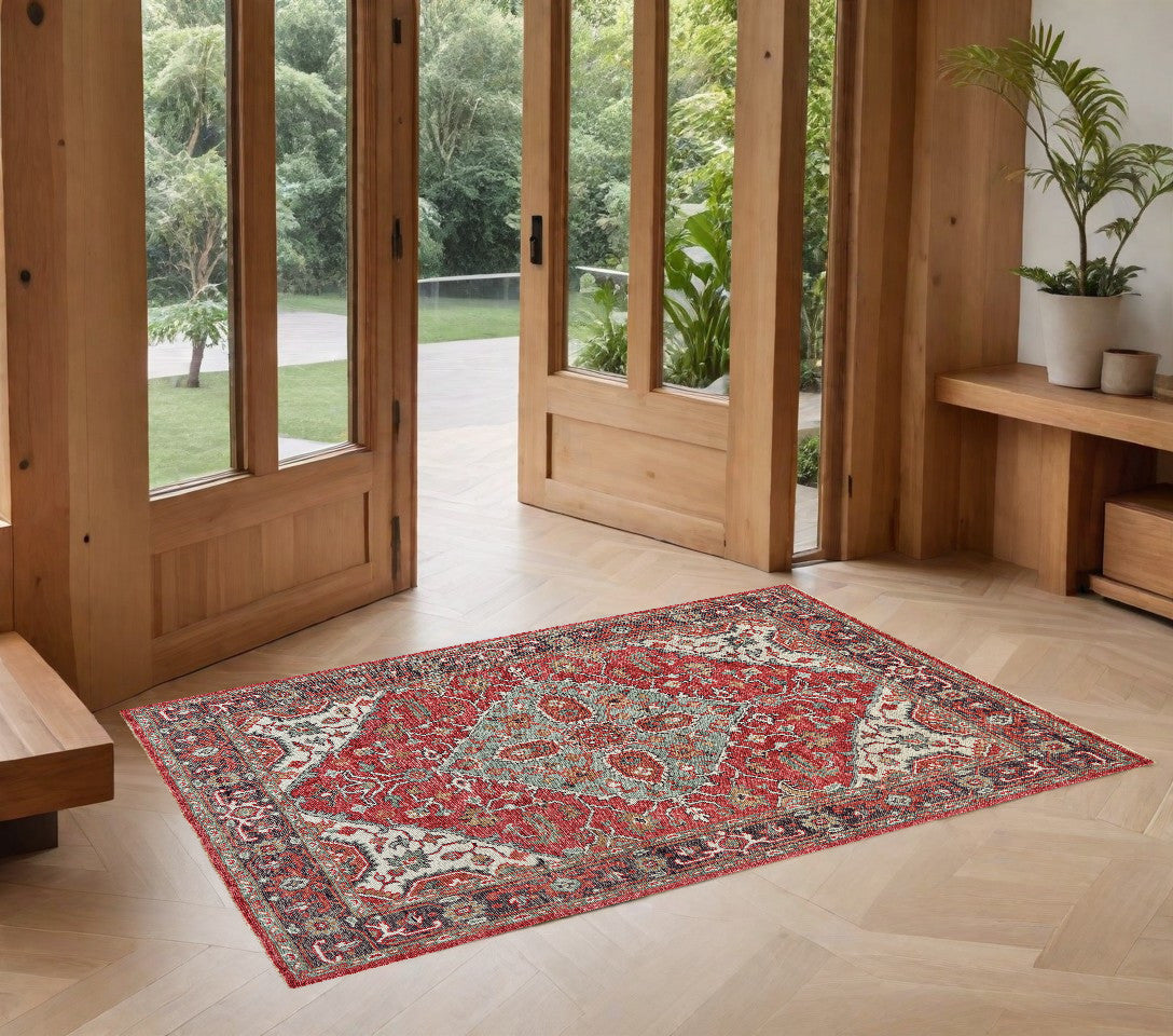 5' X 8' Red Gray And Ivory Wool Floral Hand Knotted Distressed Stain Resistant Area Rug With Fringe