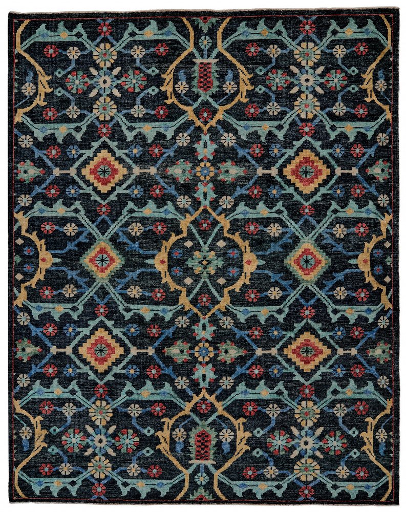 2' X 3' Black Blue And Orange Wool Tribal Hand Knotted Distressed Area Rug With Fringe