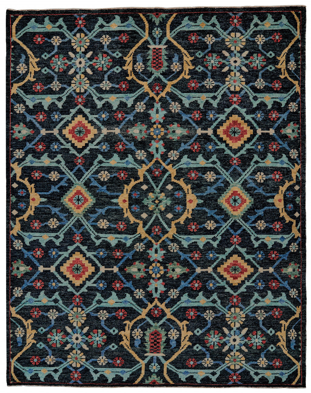 4' X 6' Blue Yellow And Red Wool Floral Hand Knotted Distressed Stain Resistant Area Rug With Fringe