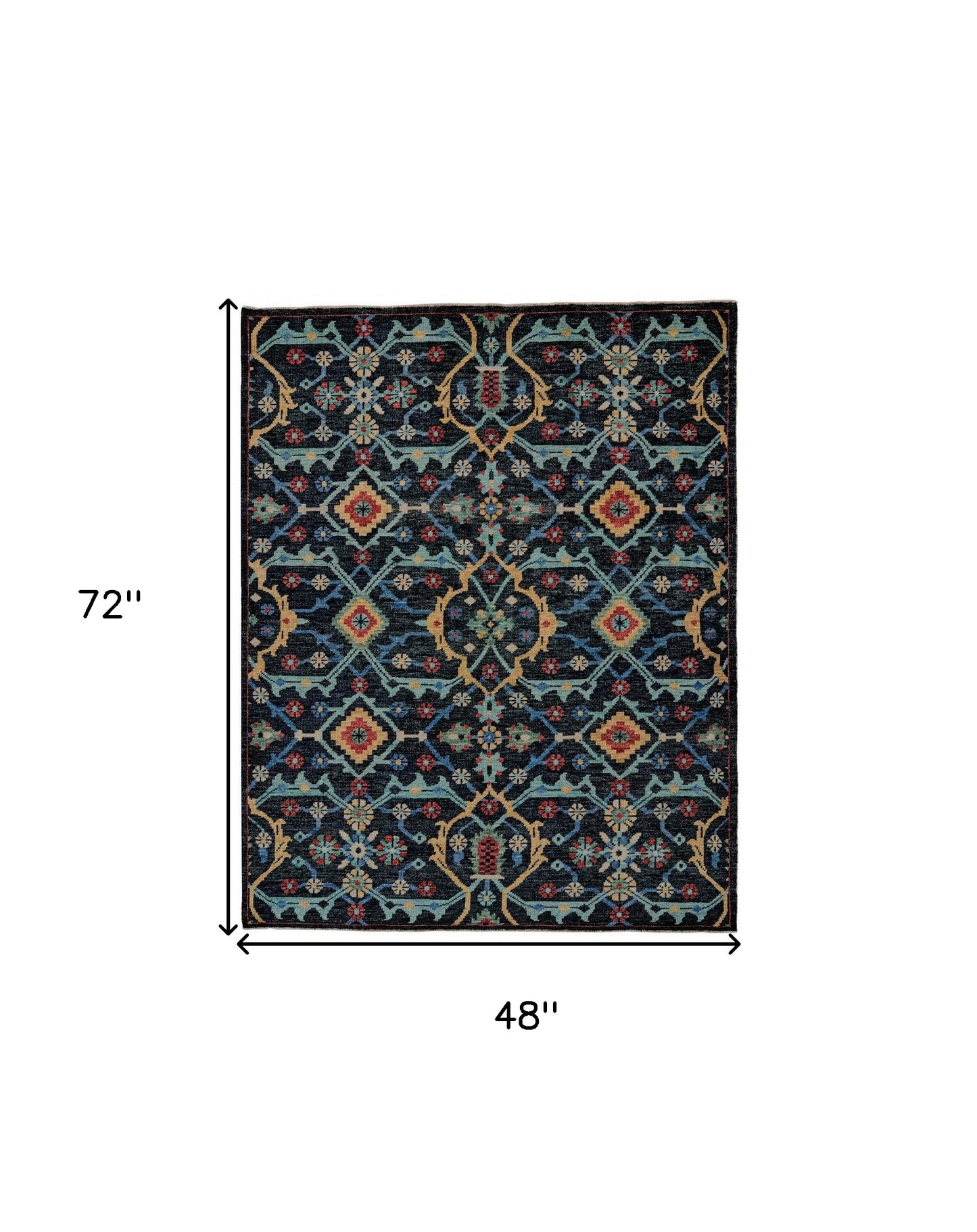 4' X 6' Blue Yellow And Red Wool Floral Hand Knotted Distressed Stain Resistant Area Rug With Fringe