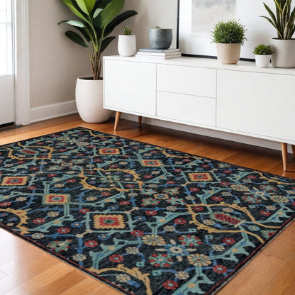 2' X 3' Black Blue And Orange Wool Tribal Hand Knotted Distressed Area Rug With Fringe