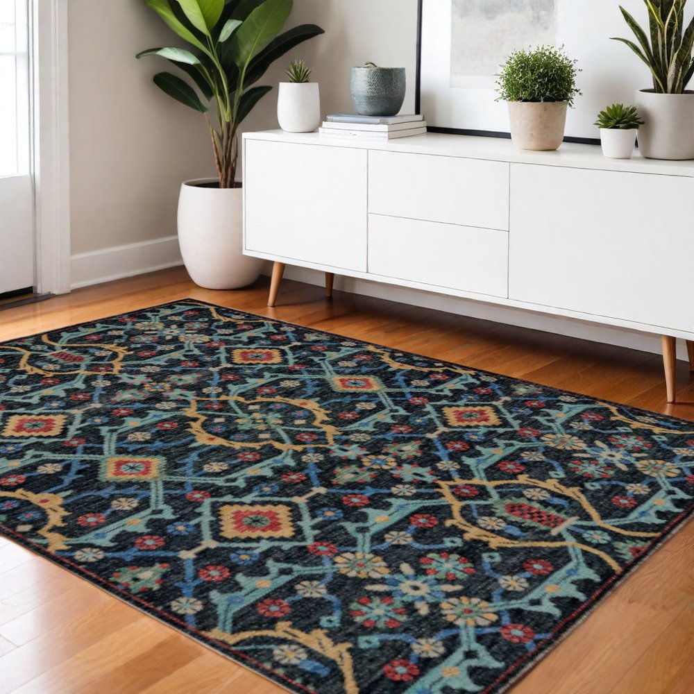 2' X 3' Black Blue And Orange Wool Tribal Hand Knotted Distressed Area Rug With Fringe