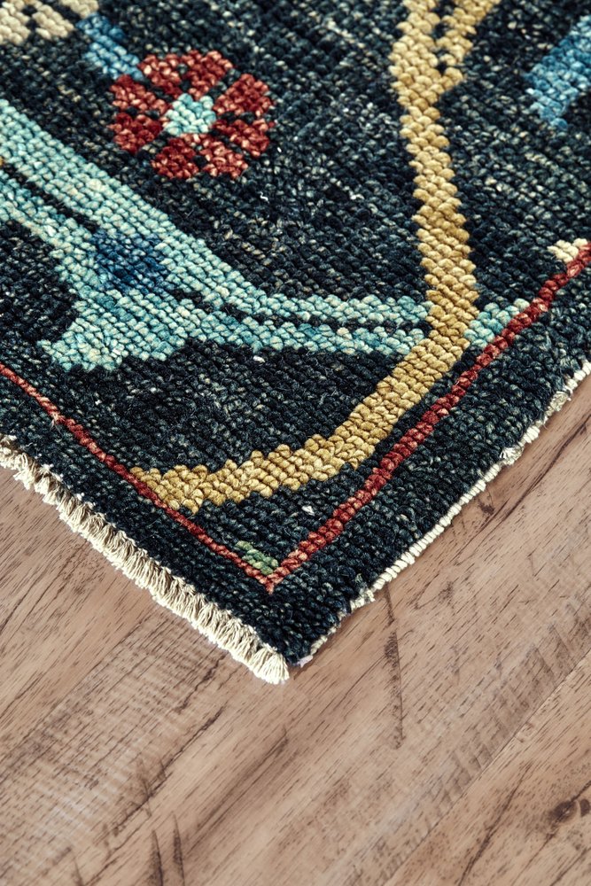 2' X 3' Black Blue And Orange Wool Tribal Hand Knotted Distressed Area Rug With Fringe