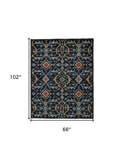 2' X 3' Black Blue And Orange Wool Tribal Hand Knotted Distressed Area Rug With Fringe