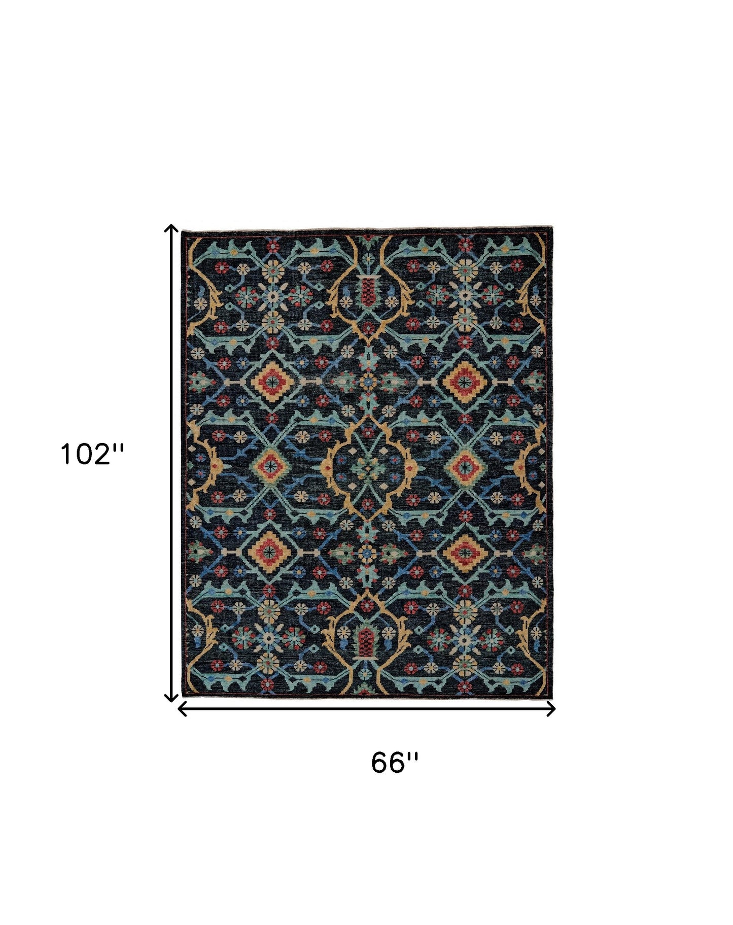 4' X 6' Blue Yellow And Red Wool Floral Hand Knotted Distressed Stain Resistant Area Rug With Fringe