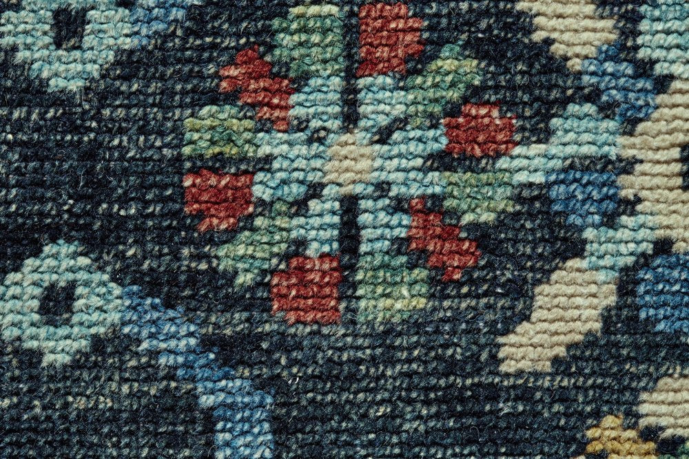 2' X 3' Black Blue And Orange Wool Tribal Hand Knotted Distressed Area Rug With Fringe