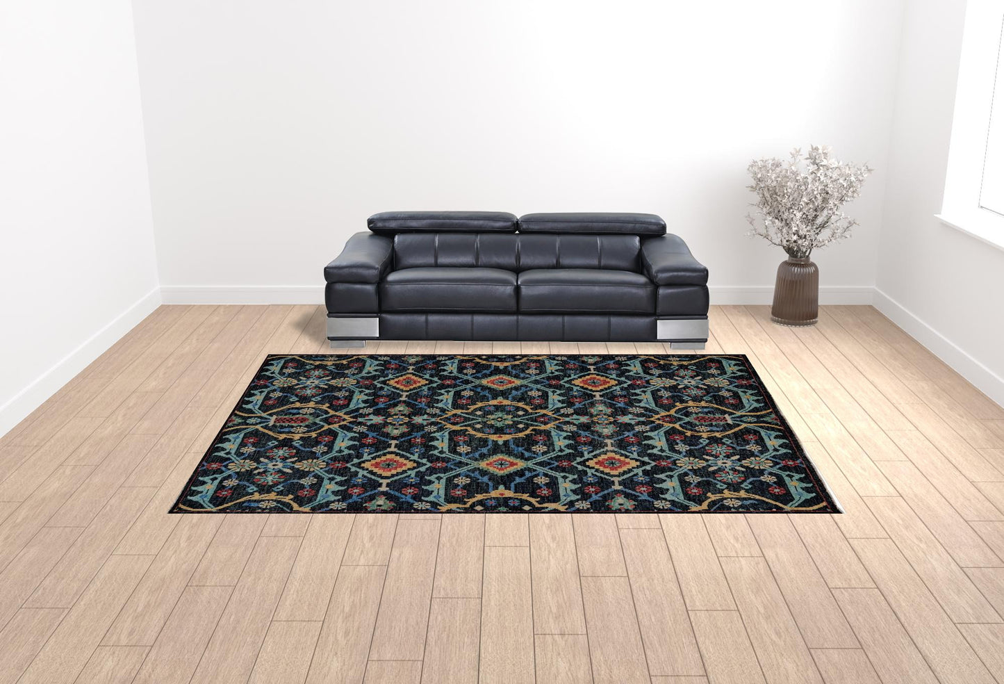 4' X 6' Blue Yellow And Red Wool Floral Hand Knotted Distressed Stain Resistant Area Rug With Fringe