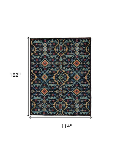 2' X 3' Black Blue And Orange Wool Tribal Hand Knotted Distressed Area Rug With Fringe