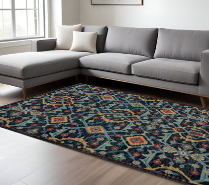 2' X 3' Black Blue And Orange Wool Tribal Hand Knotted Distressed Area Rug With Fringe