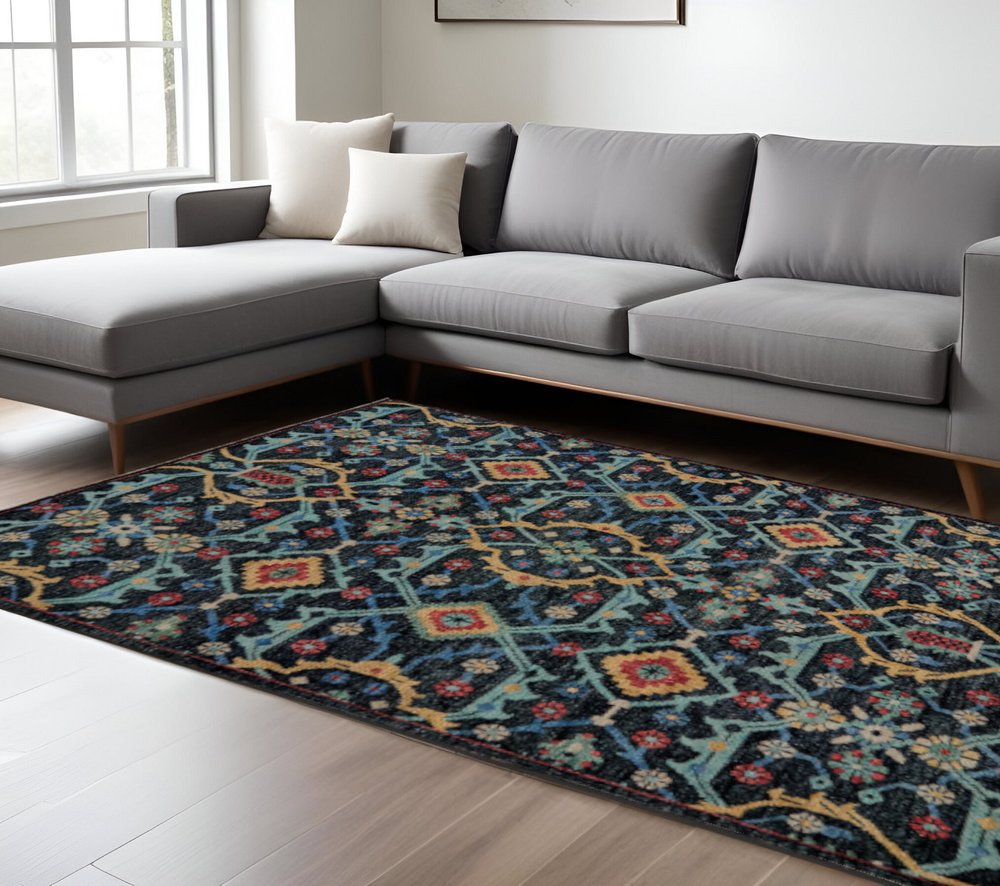 2' X 3' Black Blue And Orange Wool Tribal Hand Knotted Distressed Area Rug With Fringe