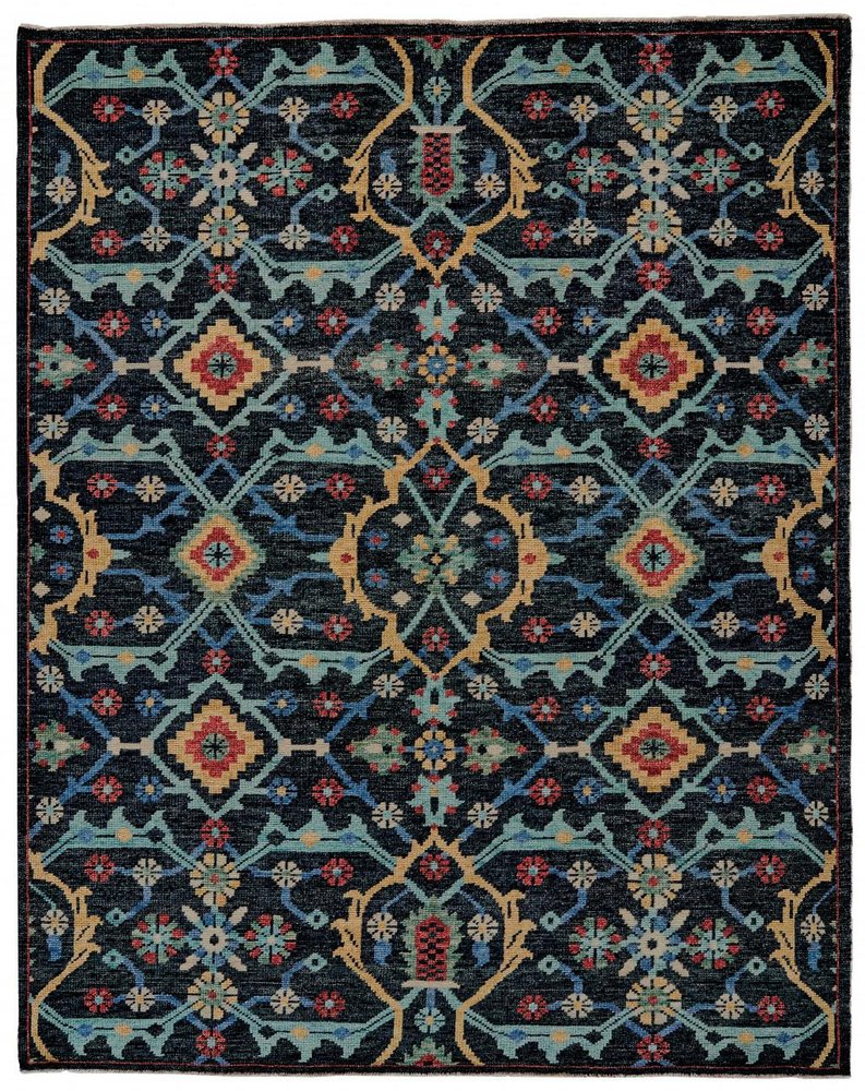 2' X 3' Black Blue And Orange Wool Hand Knotted Distressed Area Rug With Fringe